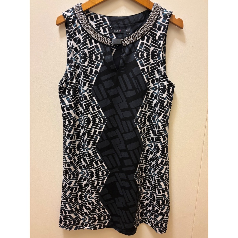 FYLO Women Black White Geometric Abstract Embellished Neck Shift Dress Medium